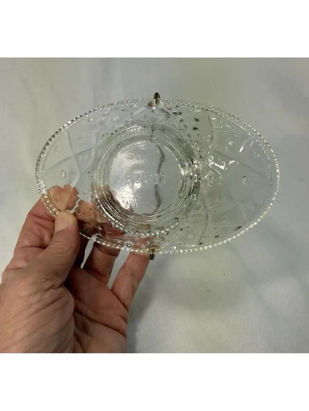 Vintage Avon Pressed Glass Basket Diamond Point Gold Handle 5.5”